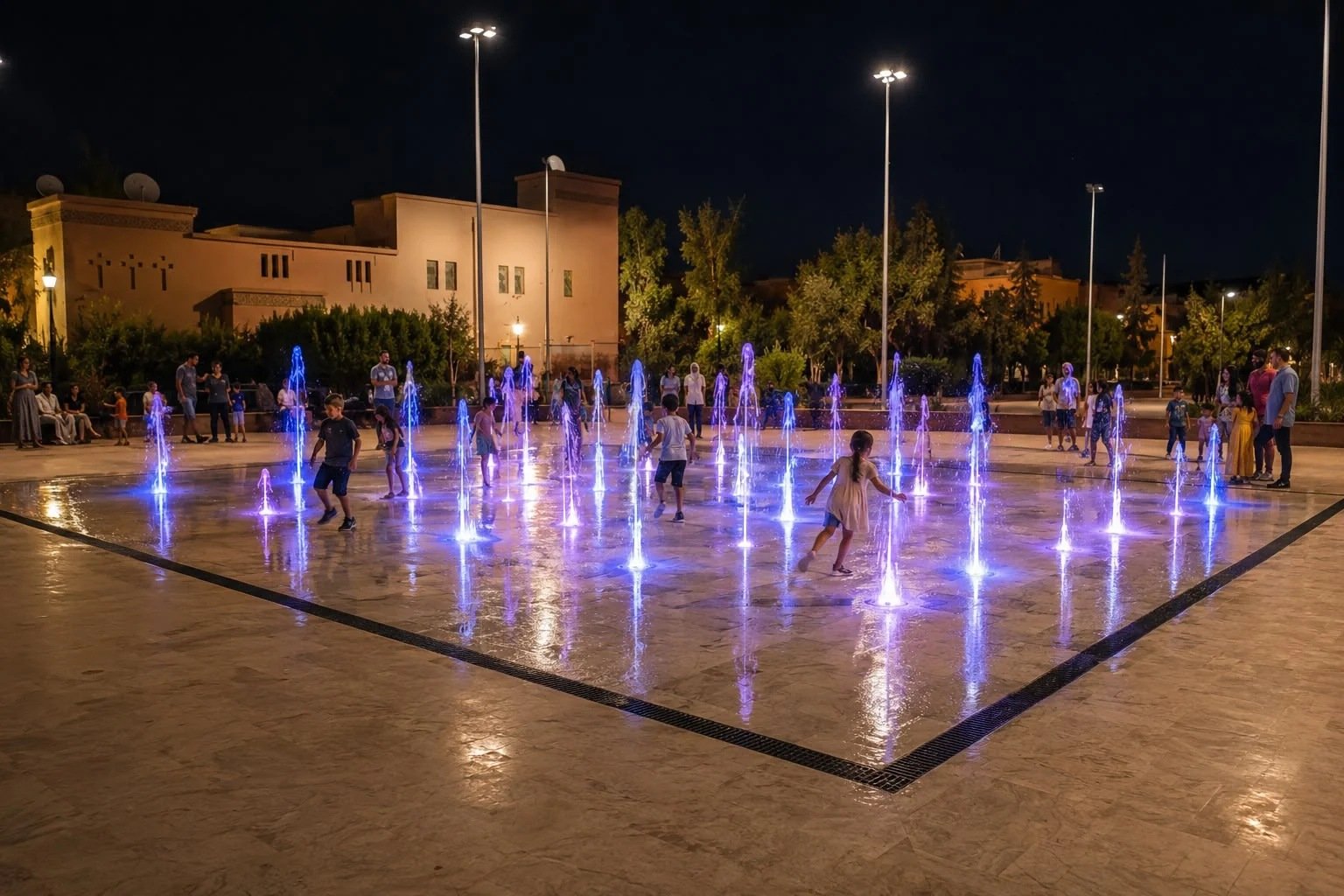 Fontaine sèche Sekkala de nuit